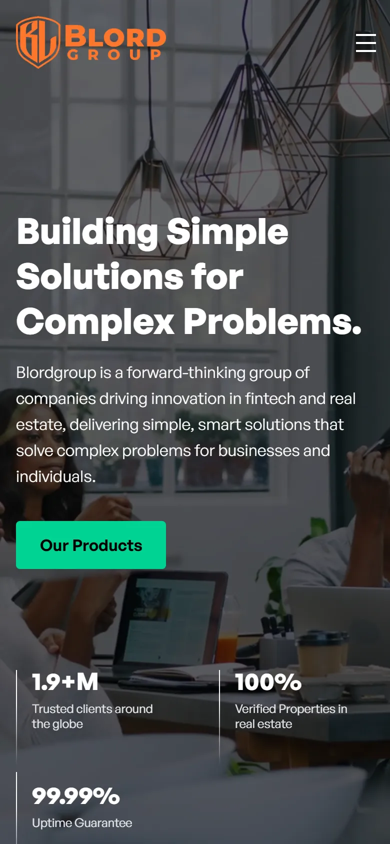 The blordgroup.ng home page on a phone: stacked headline, product button and statistics.
